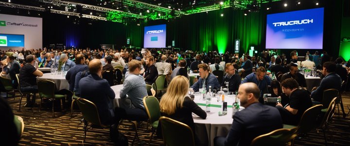 Attendees networking at TechCrunch All Stage event.