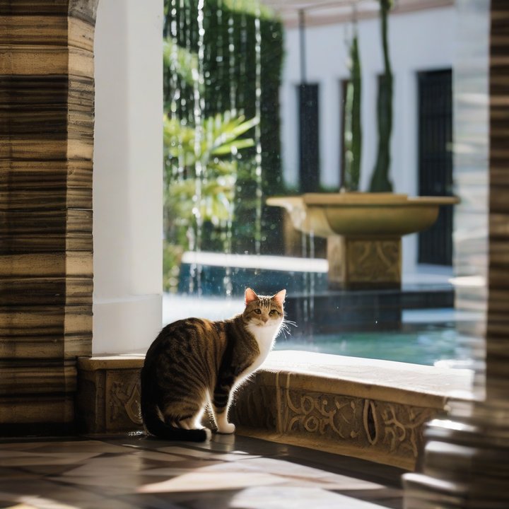 Cat water fountain with flowing water and a curious cat drinking nearby