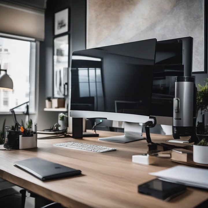 Computer monitors with various screens and resolutions on display.