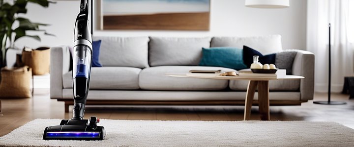 Cordless vacuum cleaner in use on a hardwood floor.