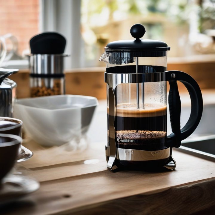 French press coffee makers in various materials on display.