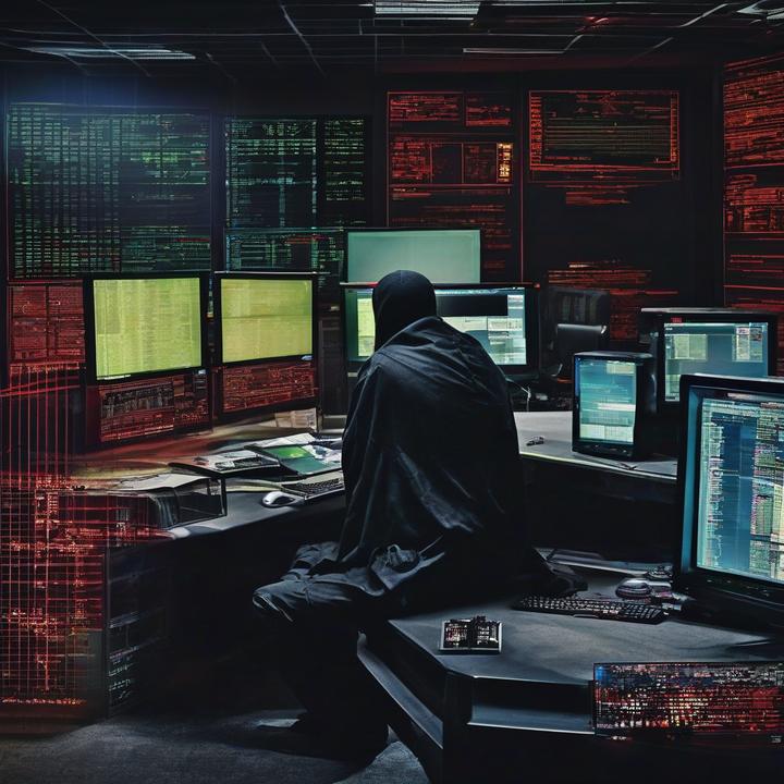 Hackers working on computers in a darkened cyberwar room setting.