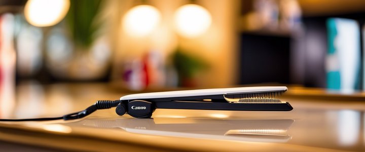 Hair straighteners on a table, with cords and temperature controls visible.