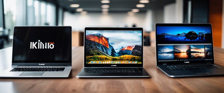 Laptops on display with keyboards and screens illuminated.