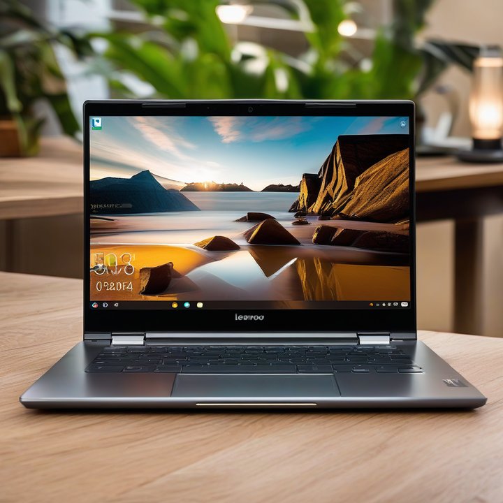 Lenovo Chromebook Plus 14 laptop on display with keyboard and touchscreen.