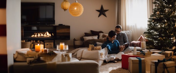 Man holding gift, smiling, surrounded by various presents.