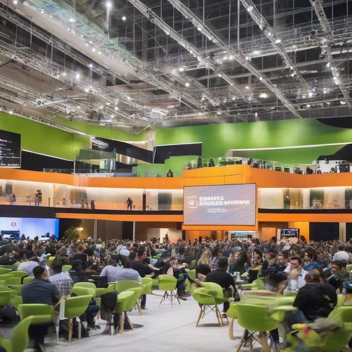 People attending TechCrunch conference on stage with speakers presenting.