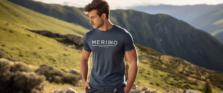 Person modeling a merino wool t-shirt, posing outdoors.