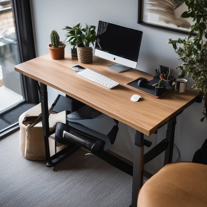 Person testing a standing desk with laptop and notebook nearby