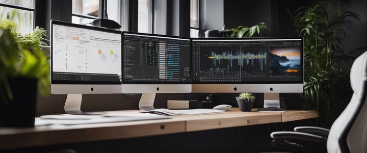 Programmers working on computers with AI code on screens nearby.