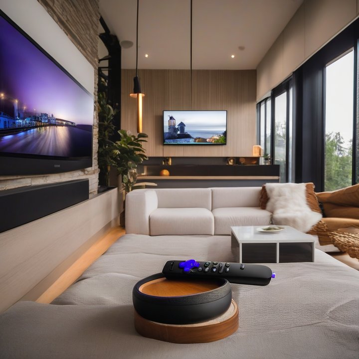 Roku Streaming Stick Plus device with remote control on table.