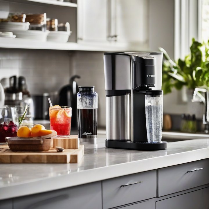 Soda makers from Drinkmate, SodaStream, and Aerflo on display.