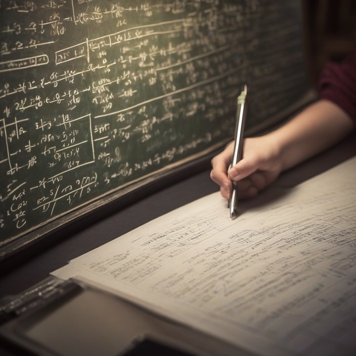 Student writes on chalkboard, solving complex math equation.