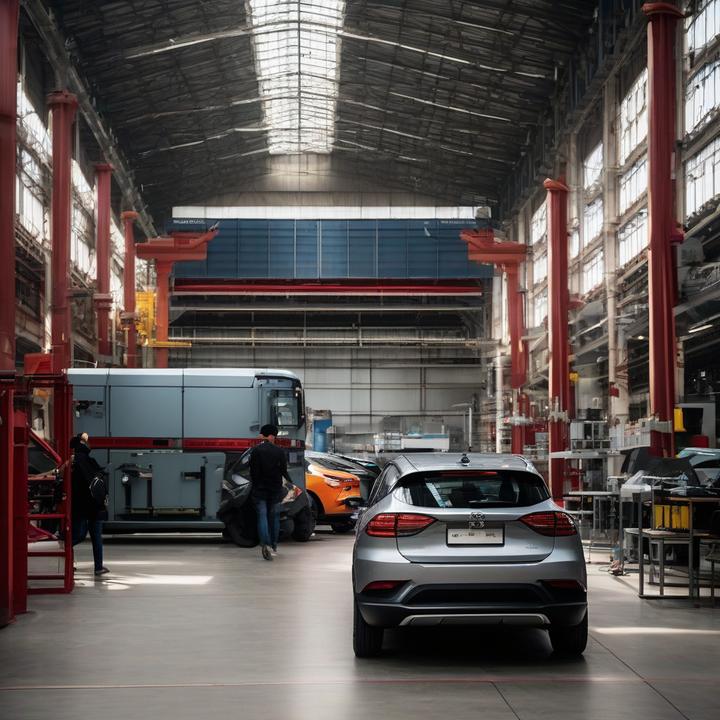 Visitors tour a Chinese electric vehicle factory production line.