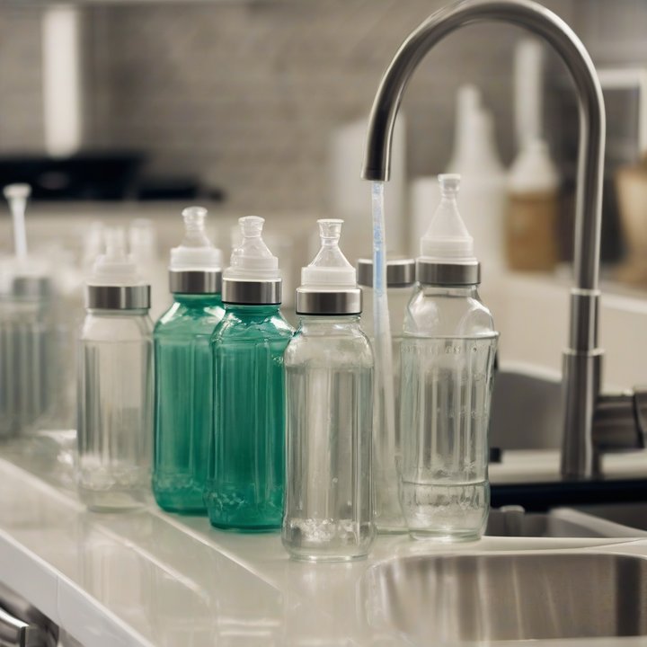 Baby bottles being washed and sanitized in a sink.