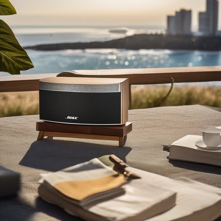 Bose Soundlink Plus speaker on a wooden table, playing music.