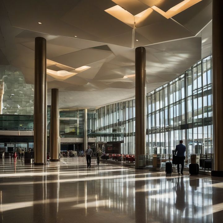 Business travelers working on laptops in an airport lounge area.