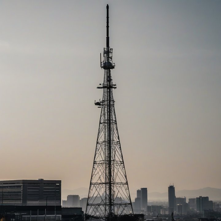 Cell tower with warning sign about fake towers in the background.