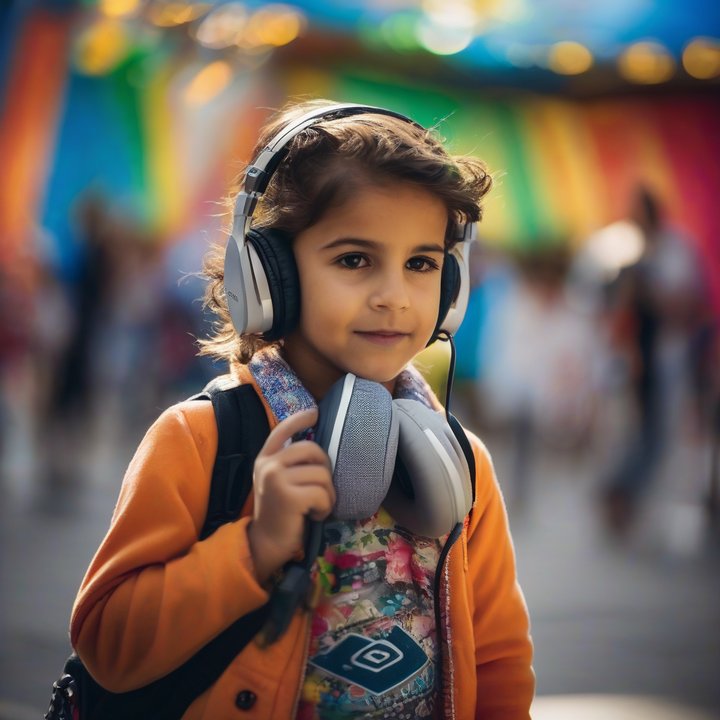 Child wearing kid-friendly headphones with volume limiter controls.