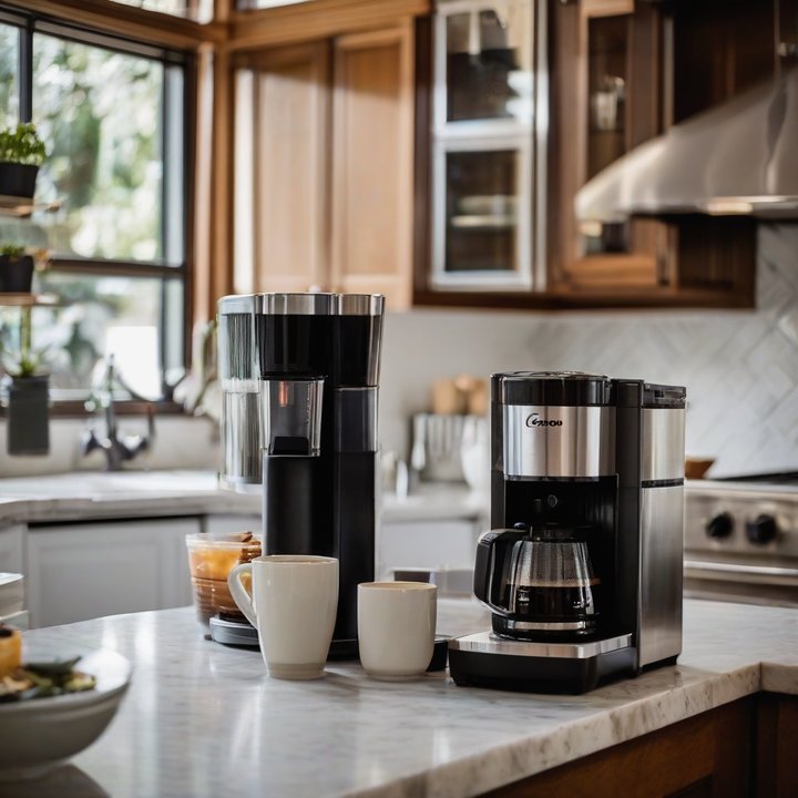 Coffee makers lined up on a table for comparison and review.