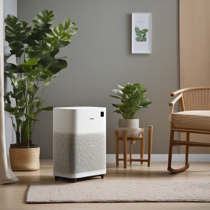 Coway Airmega 50 air purifier in a living room setting.