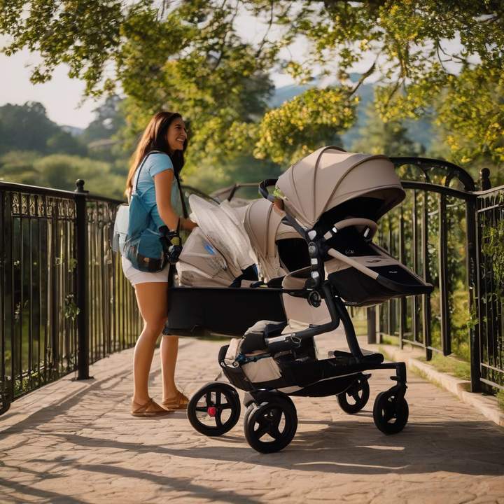 Family pushing travel stroller on airport sidewalk, luggage in tow.