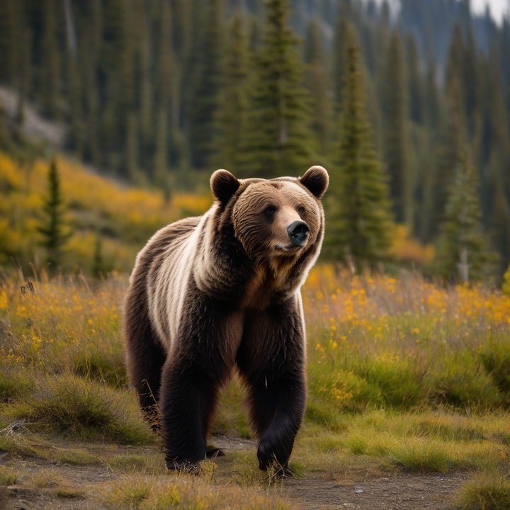 Grizzly bear roaming freely in a forest habitat, unguarded and unrestricted.