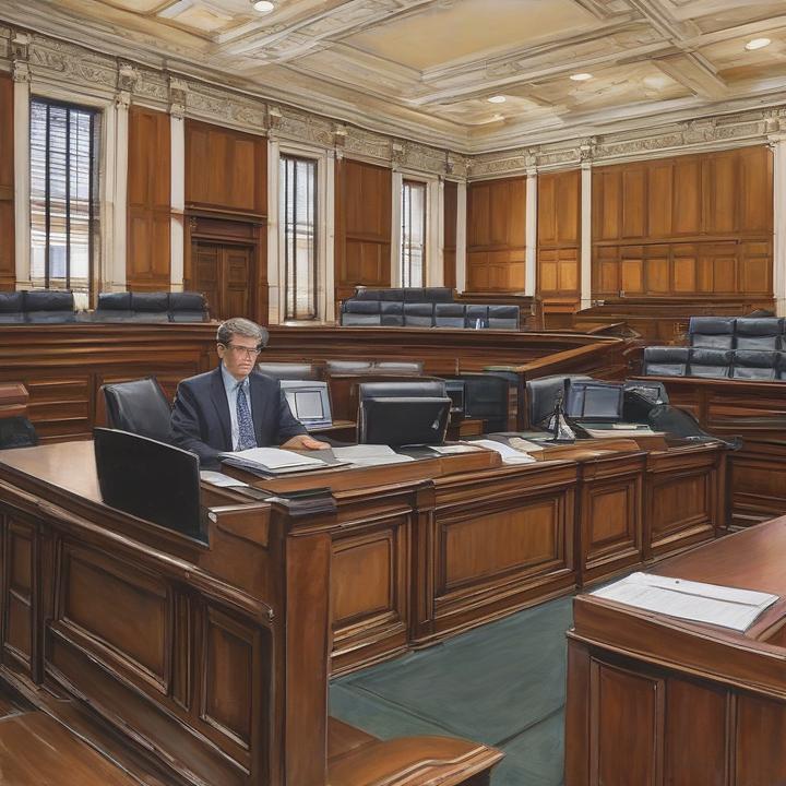 Lawyers discussing AI copyright laws in a courtroom setting.