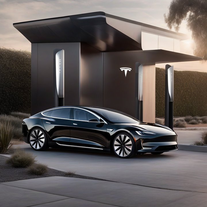Lucid Air electric vehicle charging at a Tesla Supercharger station.