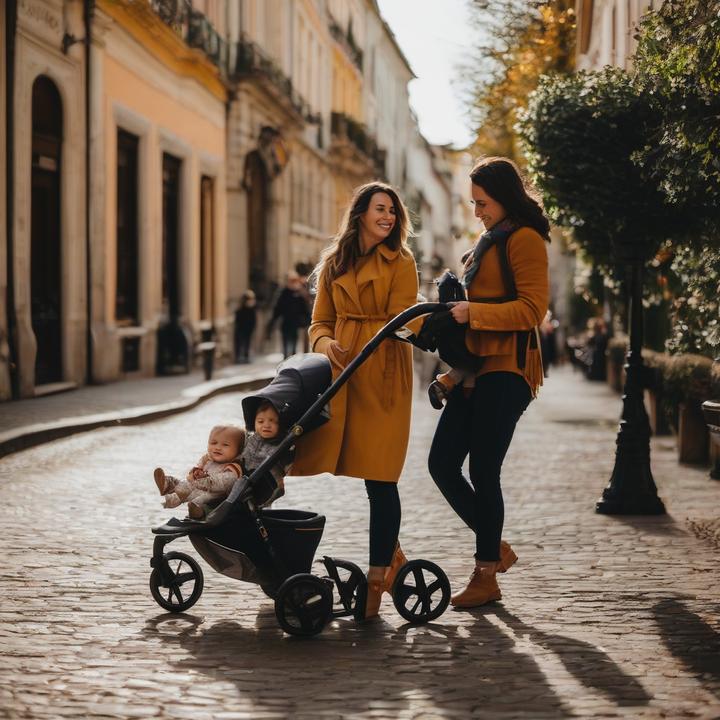 Mother pushing stroller with TernX travel system attached outdoors.