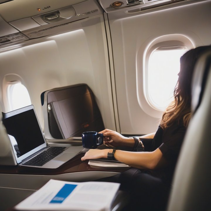 Passenger using laptop on airplane with in-flight Wi-Fi connection.