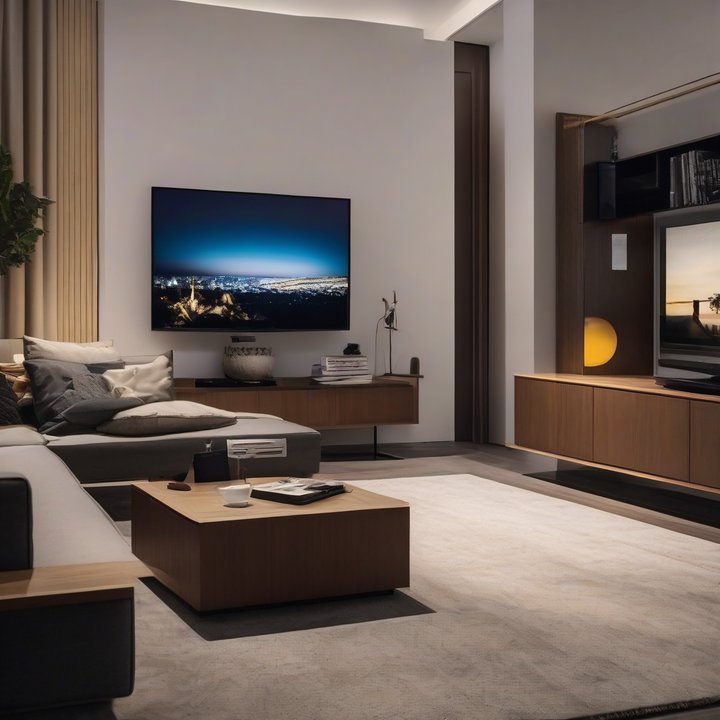 Person holding a remote control in front of a large screen TV.