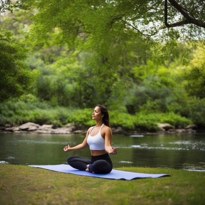 Person meditating outdoors with yoga mat and peaceful surroundings.