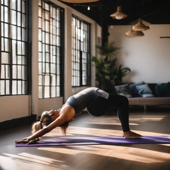 Person testing yoga mat with various poses on wooden floor.