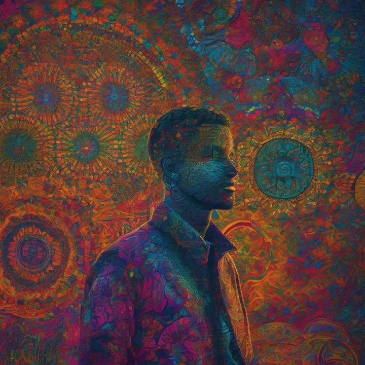 Person using laptop with AI chatbot during psychedelic trip session.