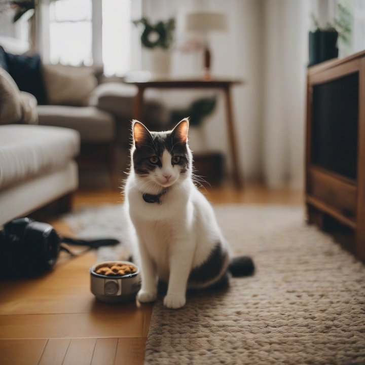 Pet camera monitoring a dog in a living room setting.