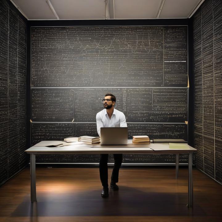 Physicists studying quantum gravity equations on a blackboard.
