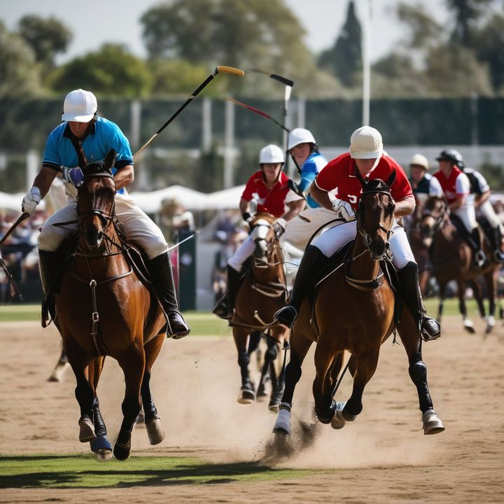 Polo players on horseback clash in a chaotic, intense match scene.