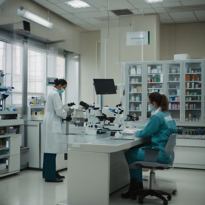 Researchers working in a lab with AI-powered drug development equipment nearby.