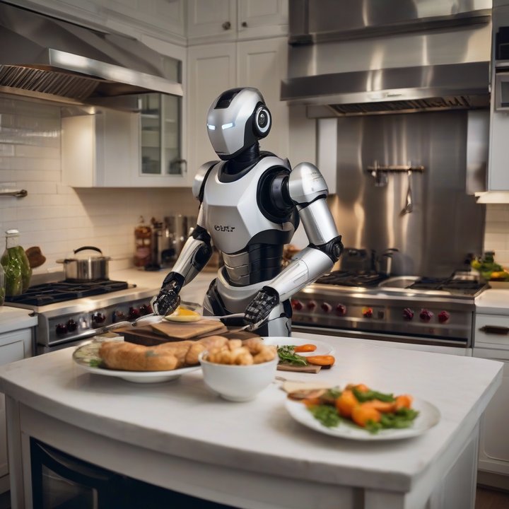 Robot chef attempting to cook in a modern kitchen setting.