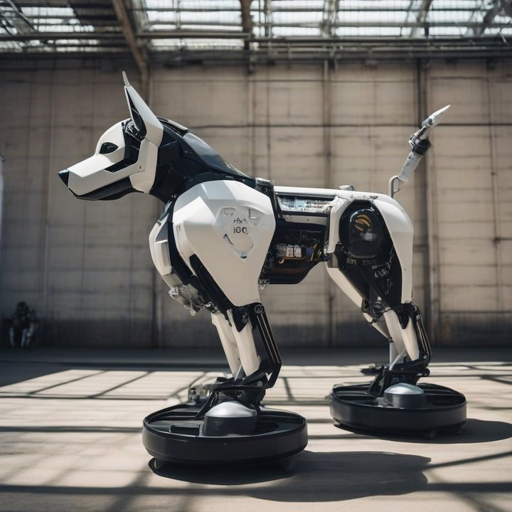 Robot guard dog patrols area with flashing blue lights.