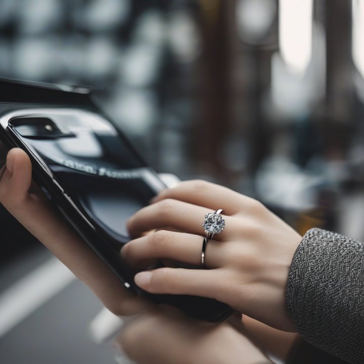 Smart ring on a person's finger, displaying various features and settings.