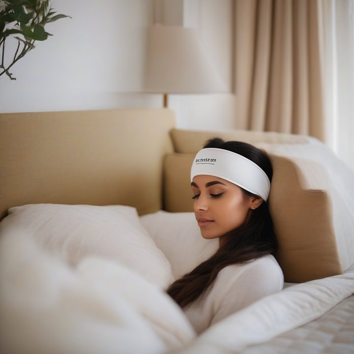 Somnee Smart Sleep Headband on a person's head, tracking sleep patterns.