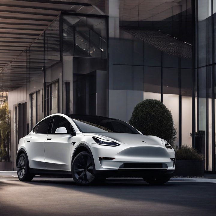 Tesla Model Y with few buyers at a nearly empty dealership lot.