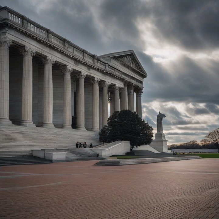 Trump speaking at a podium with a serious expression nearby screens.