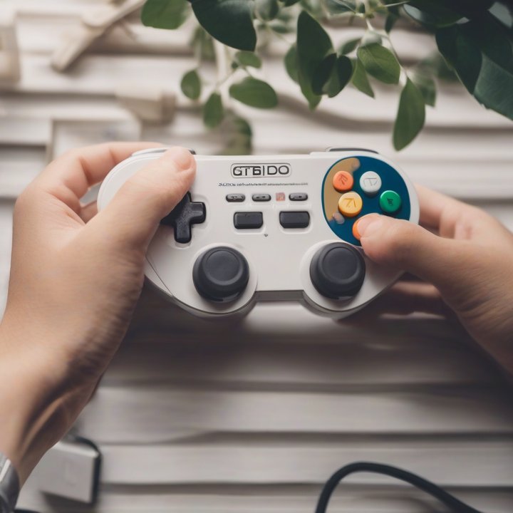8BitDo 64 Bluetooth controller in human hand, buttons and joysticks visible.