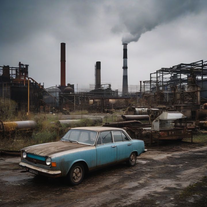 Abandoned cars piled in a junkyard, symbolizing industry decline.