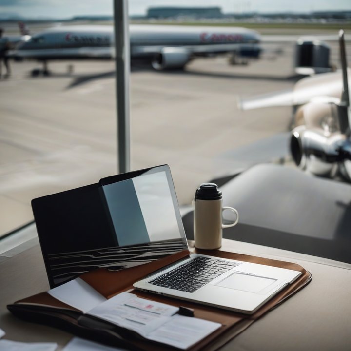 Business traveler working on laptop in airport terminal.