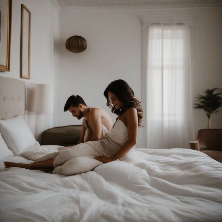 Couple on mattress, intimate pose, testing comfort.