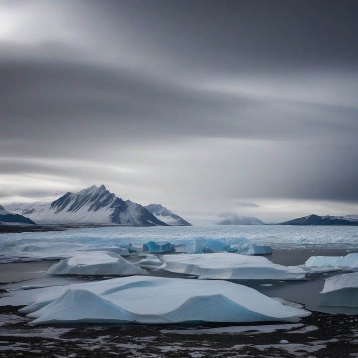 Cracked Antarctic ice shelf with melting glacier in the background.
